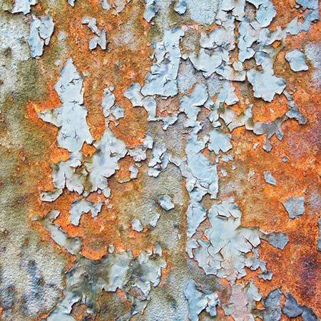 Photograph of light-blue paint peeling off a rusting piece of lightly-colored metal.