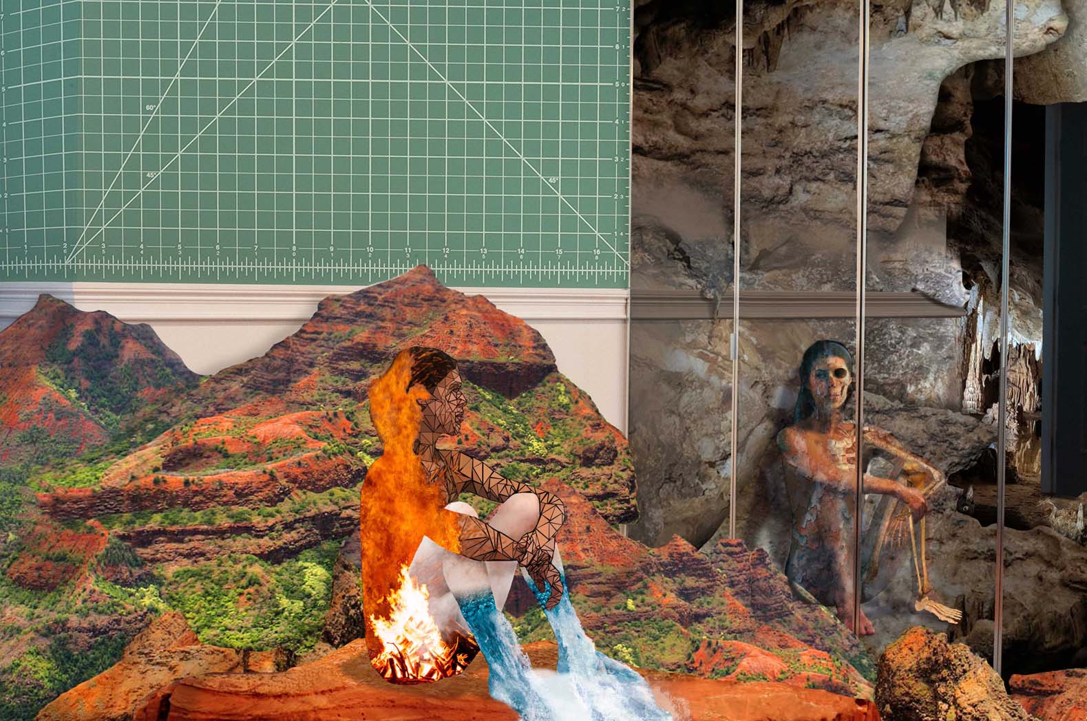 Second progress point: The left figure, seated on the mesa, is now fully made of composited images. Their seat is a bonfire, its flames creating their back as well as the upper arm that is furthest from the mirror. The fire is creating the steam that forms their legs, condensing into the water that forms their calves and feet before flowing off the mesa as a waterfall. The mountain range behind them cuts off at the wall, with a few peaks rising above the molding on the still-present plaster wall. Above the molding the wall is now a green cutting mat, its lines running parallel to the molding before turning to the left to travel around the corner. The figure on the right, behind the glass partition, is now shown to be decomposing. The half of their body closest to the mirror is discolored, peeling off in blue or orange pieces. The other half of their body has turned translucent, showing the bones beneath, The cavern behind them is growing out of the plaster walls, the molding still visible with a couple of outcrops partially covering it. The door is still visible in the far background, opening to a reflection pool far behind the figure. Behind an outcropping of rock, a black cat is barely visible, its green eye peeking around the corner.