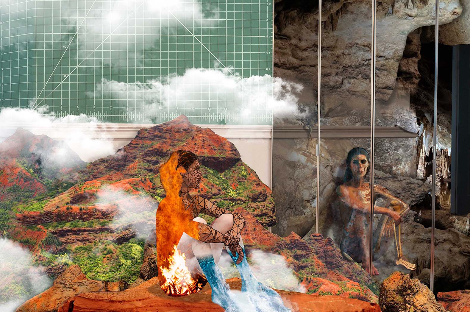 Third progress point: Six clouds have been added to the mountain-range portion of the composition, between the figure and the mountains behind. The rightmost figure stays unchanged, but the coloring of their bones is revealed to be inconsistent, and their foot sits in front of a stalactite in the fireground, ruining the illusion.