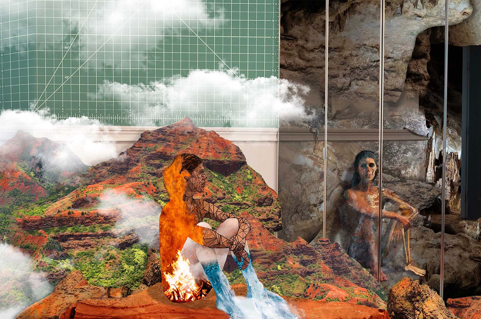 Semi-final progress point: In the mountain-range portion, one of the clouds (one that was directly behind the feet of the figure) has been removed and the seated figure’s shadow has been filled out to ground them to the mesa they sit upon. The remainder of the composition is unchanged.