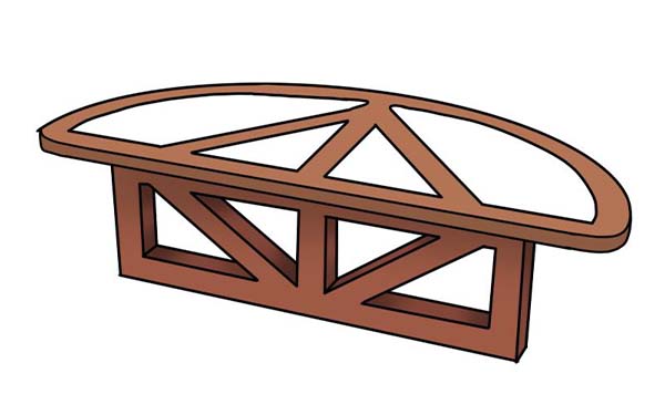 A digital drawing of a half-round table emulating the vertical, horizontal, and diagonal timbers in the Globe Theater. The table legs are open, and the top, between the “timber” piecers, is filled with white