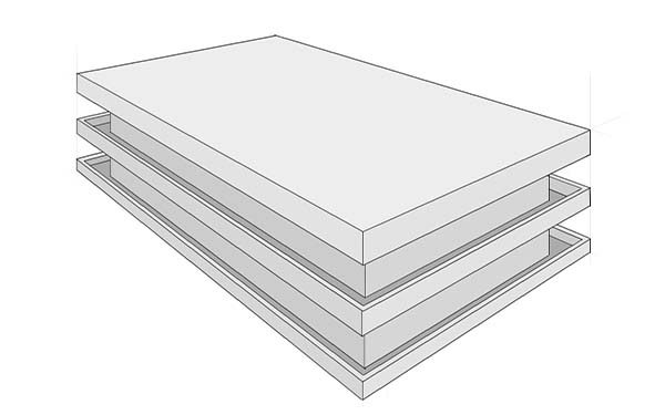 A digital drawing of a solid, rectangular, table emulating the stacked effect of the high-rise brutalist apartment complexes in london