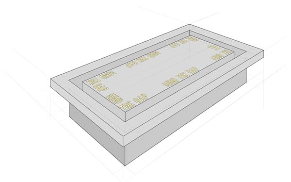 A digital drawing of a rectangular table The base is solid, and the top has an inner and outdoor portion with a gap in between. The inner portion–along the edge of the gap–is painted with the slogan “Mind the Gap” with its iconic yellow lettering