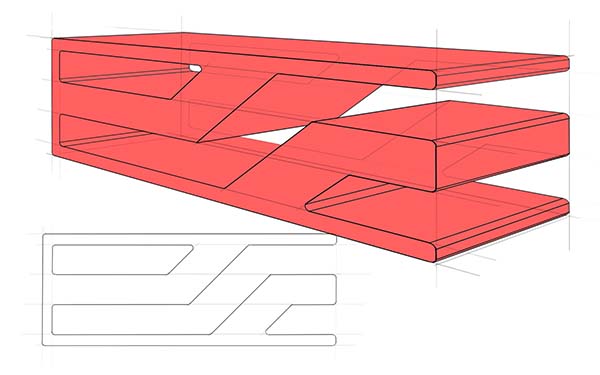 A digital drawing of a red rectangular table with large cutouts. There is an orthographic sketch of the profile of the table: the leftmost edge is a solid surface, the top left corner a hollow rectangle with a diagonal edge. Below this cutout is another cutout that starts at the floor, travels up a diagonal, and then cuts through the rightmost side with a final straight run through the rightmost portion of the table. The final cutout is in the bottom right, fitting into the diagonal of the aforementioned cutout and cutting through the rightmost face of the table. The red perspective drawing shows the depth of these cutouts which go all the way through the table, making an open rectangular concept.