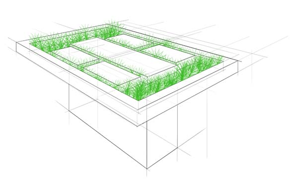 A digital drawing of a kitchen-style table. It has a solid rectangular base and a large rectangular top. The top is predominantly made of grassy turf, framed in on the edges. Within the turf are flat sections to allow for place setting, two smaller rectangles on both of the long sides with a large long rectangular surface down the center. 