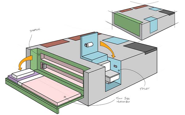 Digital drawing of one of two perspectives of a giant rectangular piece of furniture. On the left front-facing edge a green section is folded out to reveal a small bed and storage nooks, and on the right font-facing side a blue wall is folded up to reveal a hidden toilet. On the right back-facing edge there are two visible brown rectangles on the surface of the piece, and the right back-facing edge has a blue surface (the same color as the toilet) and a dark-gray surface.