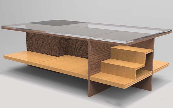 View 2 of the 3D CAD render of the final table concept. The stairs are more visible from the side and the opening below is now apparent. The “walls” that slot into the base are revealed to also function as the legs of the table. 