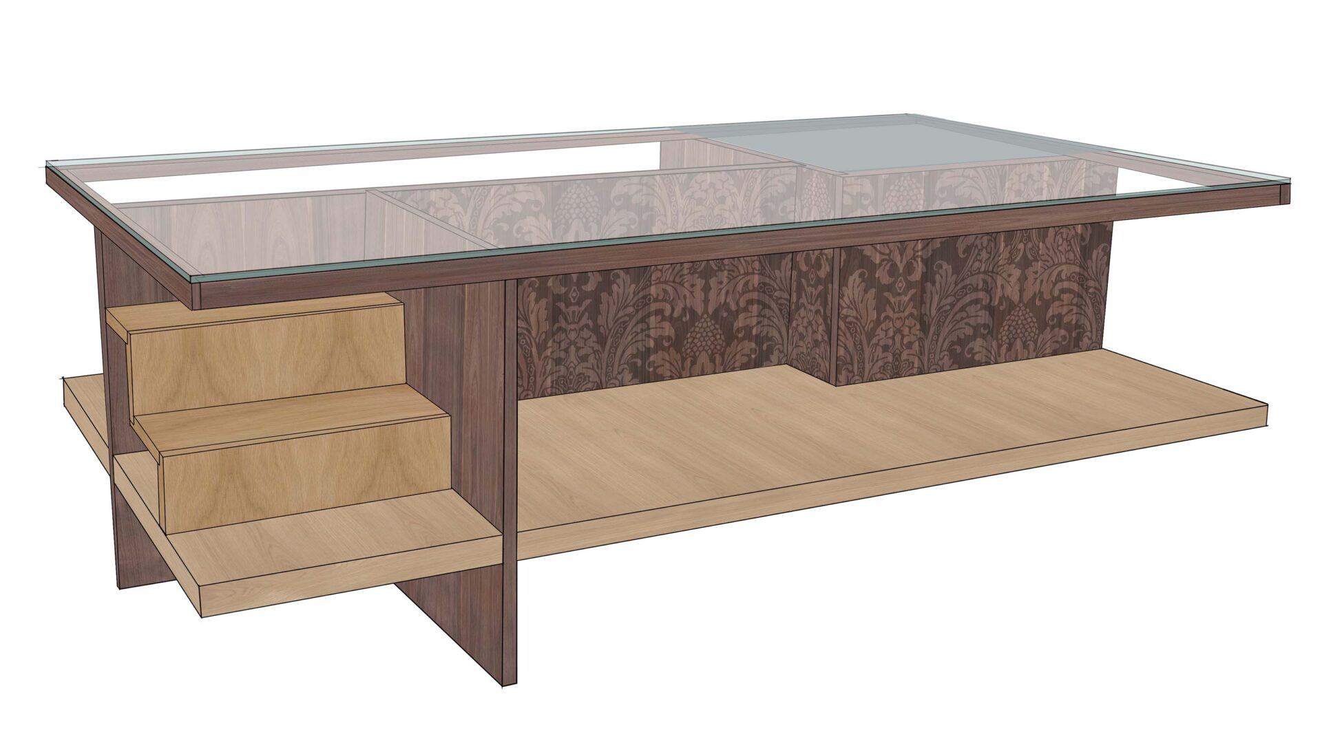 A digital sketch of the final table design with real-wood textures. The staircase “room” is on the right side of the composition, shown to be a white-oak texture (the same as the table base). The walnut “walls” slot into the edges of the table, forming the legs and the interior sections of the table. The right “L” shaped section has laser-rastered Blake Damask patterning, emulating wallpaper without covering the natural woodgrain. The Glass top sits on top of a walnut frame, and the back right corner of the glass is fogged in a square directly above the square section of the table with the pull-out storage cabinet. 