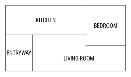 A labeled orthographic drawing of the top-view of the table. The small rectangular space is labeled “entryway,” the L-shaped space is labeled “living room,” the square section with the pullout cabinet is labeled “bedroom,” and the long rectangular section is labeled “kitchen.”