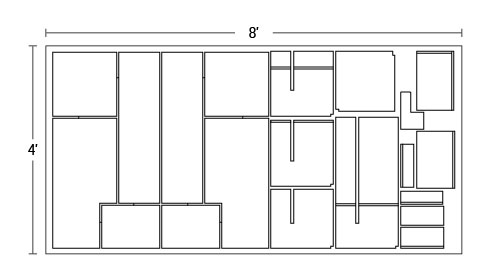 A technical drawing of all of the parts of the table as they would be laid on for a CNC machine to manufacture. The parts sit within a rectangle that is shown to be 4 by 8 feet in size and comfortably holds every part of the table. 