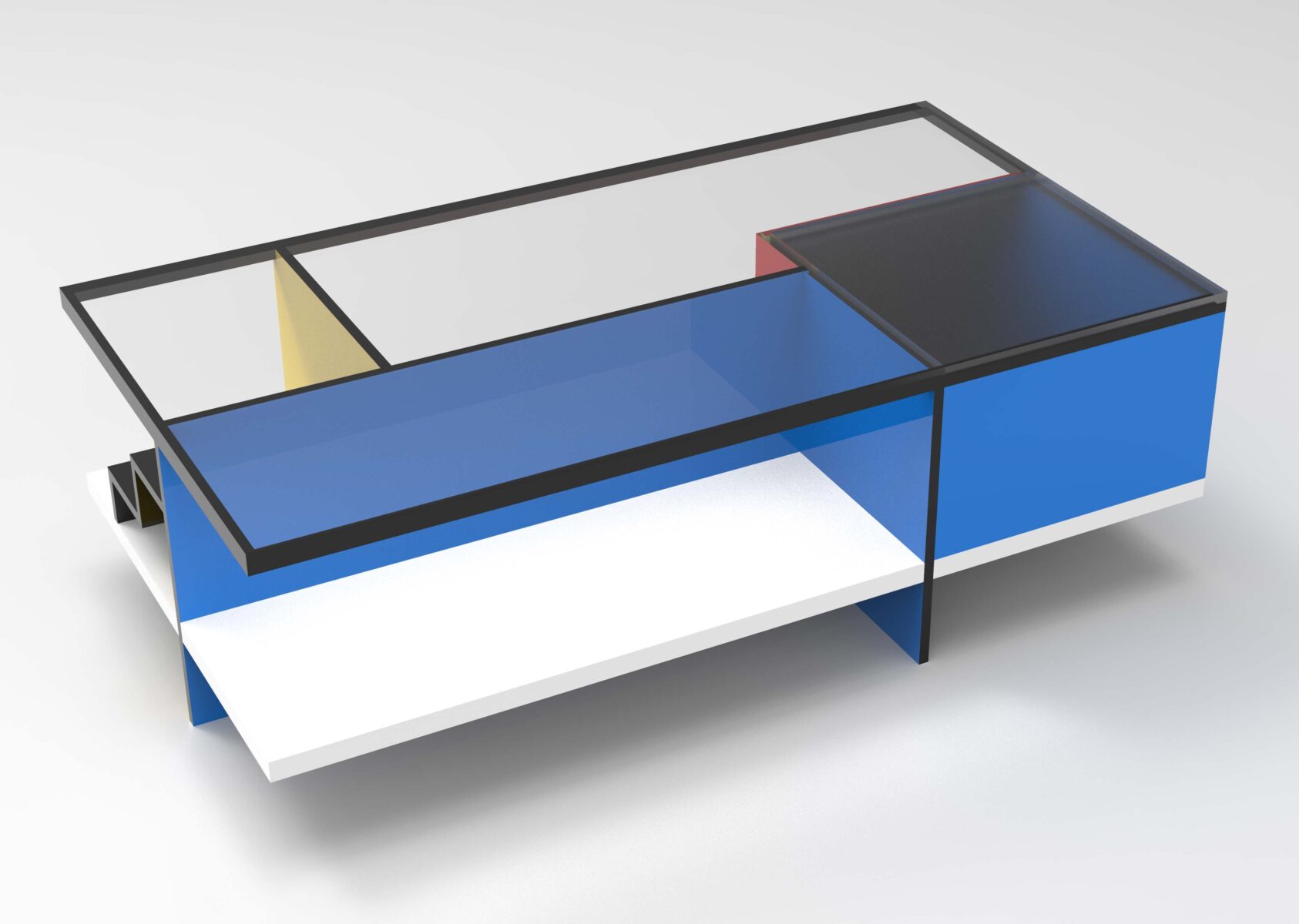 Side 1 of a CAD rendering of the final version of the table, colored to reflect the color palette of Piet Mondrian. The base of the table is a bright white and the viewable table sides (of the kitchen and bedroom sections) are blue with black edge banding. The frame is also black continuing the black edge visual throughout the entire table.