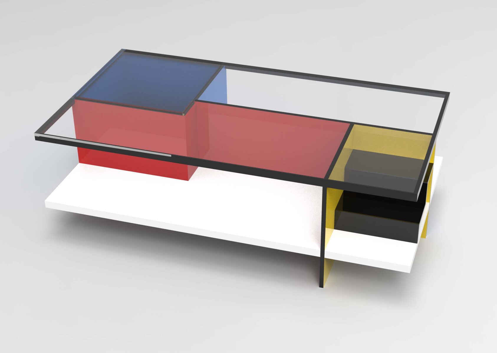 Side 2 of the CAD rendering of the final version of the table with Piet Mondrian-esque coloring. The colored “walls” with black edge banding continue on this side, with the living room walls a bright red and the entryway walls a canary yellow. The stairs are the same black as the edgebanding and frame. 