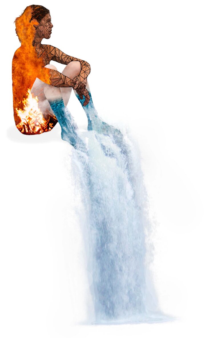 The living figure from the composition presented in isolation. Its position and parts (flame, steam, broken geometry, and water) are the same as within the composition but, where the waterfall was previously cut off by the bounds of the frame, the water is now seen to flow down to the ground where it hits an invisible surface before disappearing into nothingness.